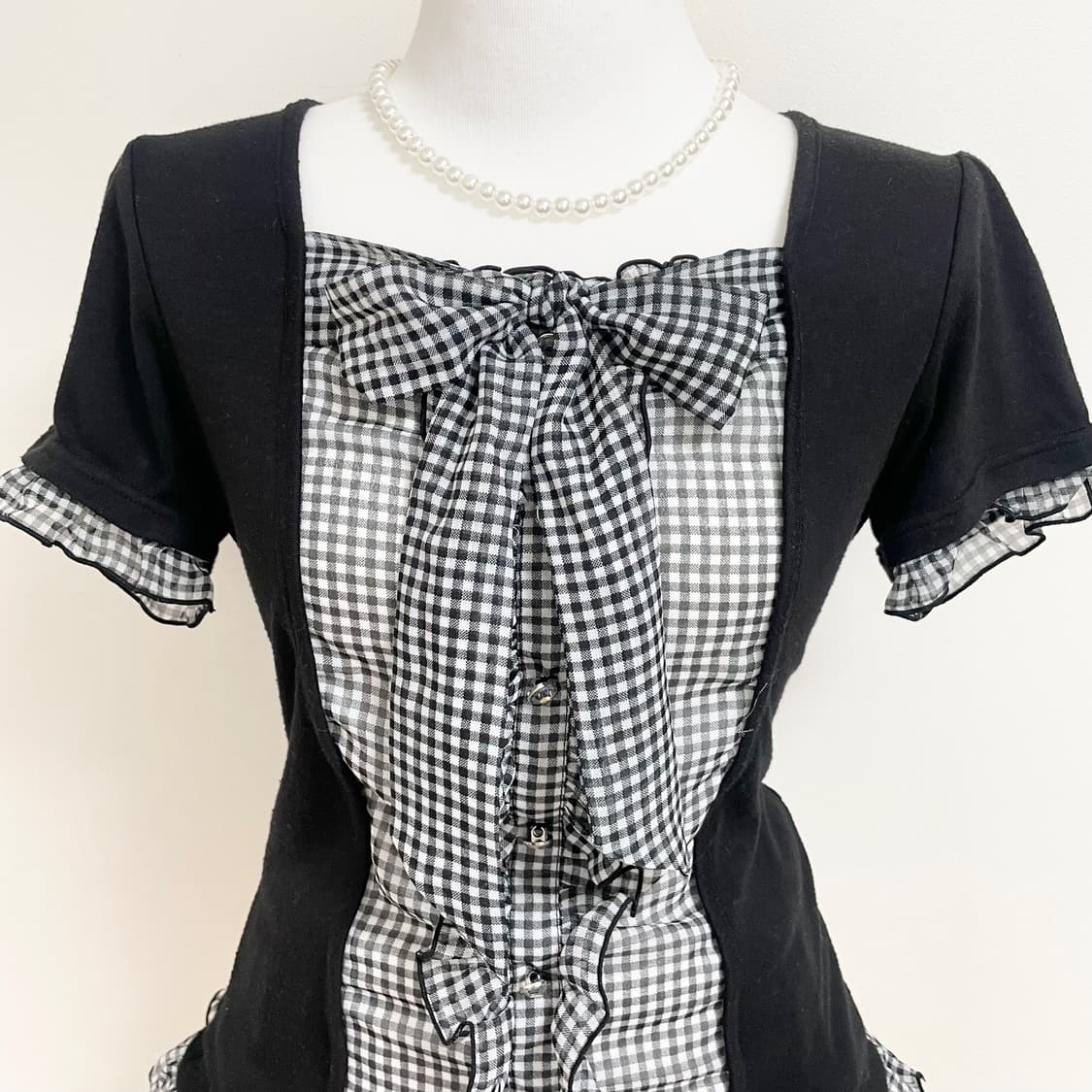 공겜여주깔 일본빈티지 체크리본 로걀탑 딱붙탑 러블리 갸루 고스로리 상품이미지4