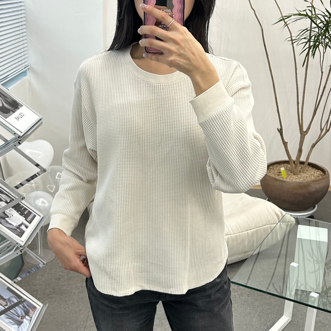 유니클로 아이보리 와플 긴팔티셔츠 상품이미지2