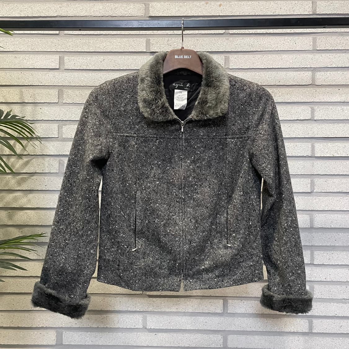 아네스베 울 집업 자켓 앙고라 카라넥 소매 퍼 디테일 그레이 상품이미지2