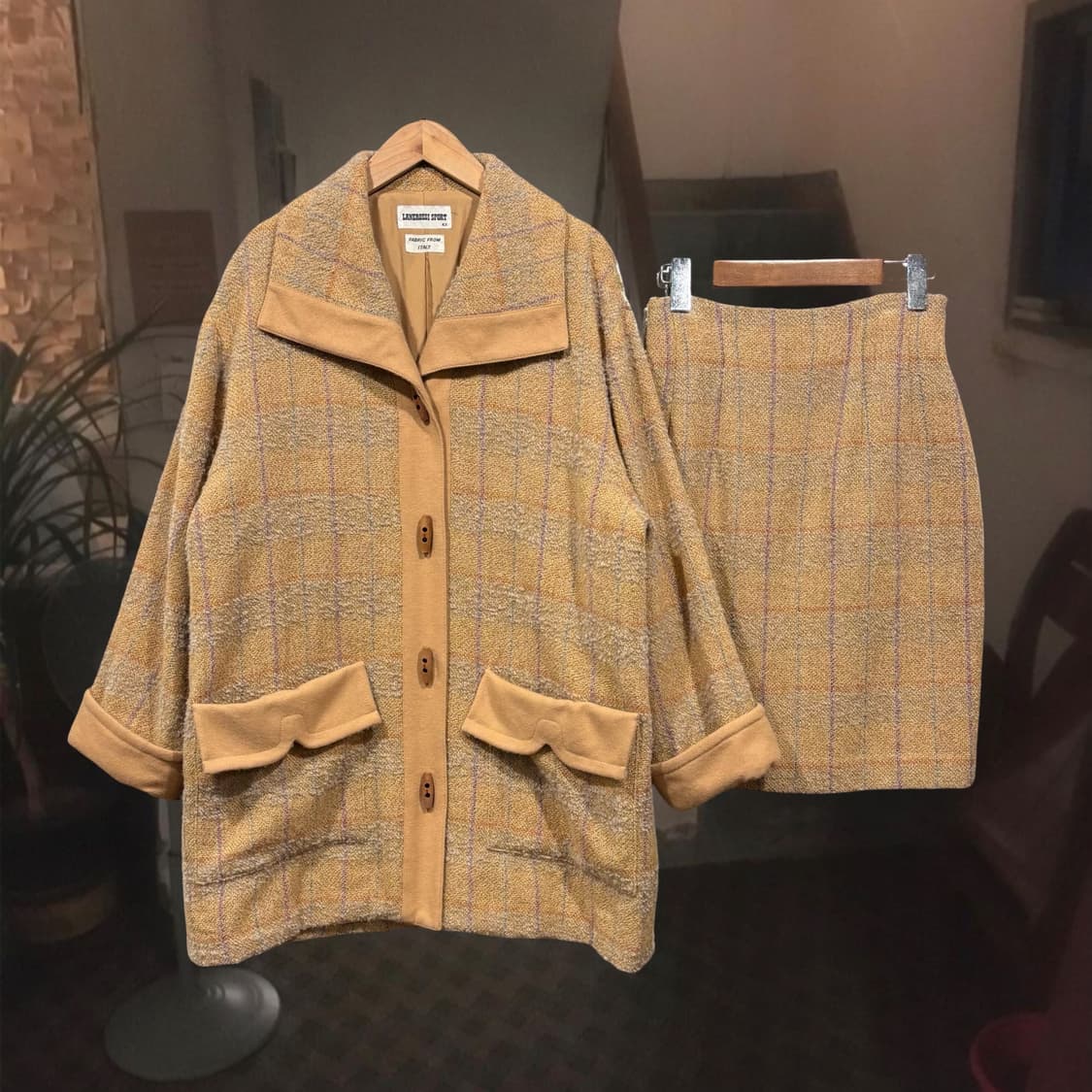 일본 빈티지 루즈핏 부클 빅 카라 체크 더플 울 자켓 투피스 셋업 상품이미지1