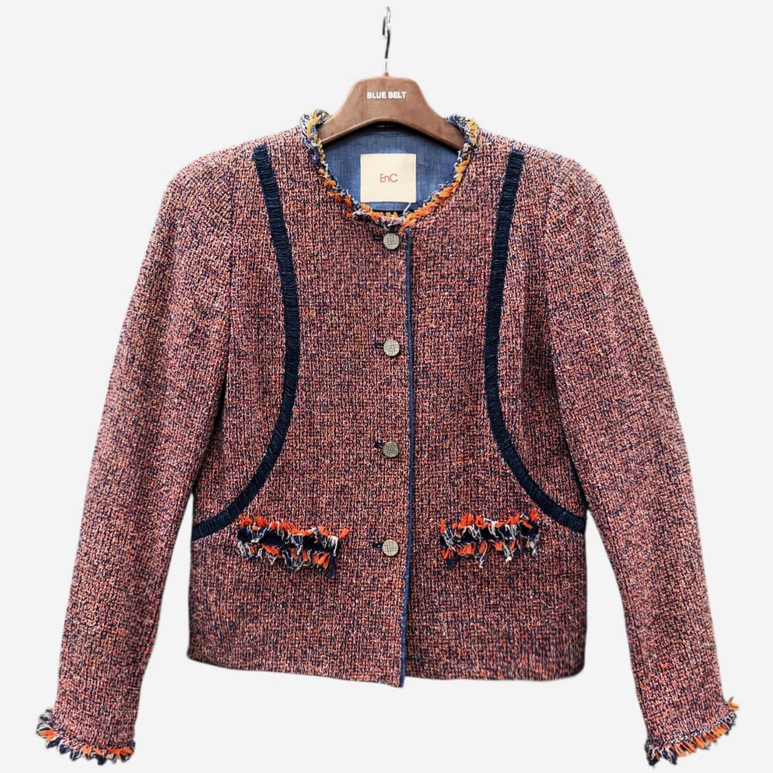 JPN VINTAGE 멀티톤 트위드자켓 네이비 테이핑 라인 프린지 디테일 상품이미지1