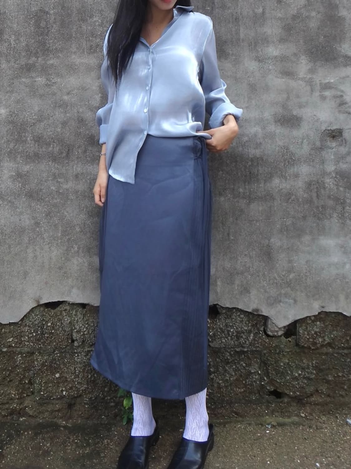 Leather & pleats mix skirt / grey 상품이미지2