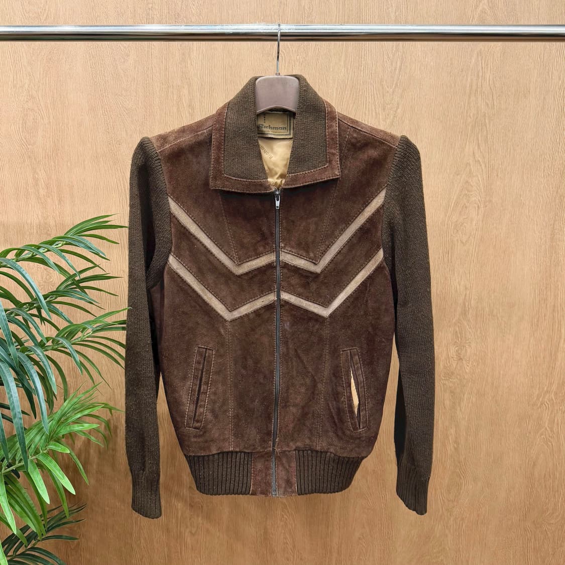 빈티지 스웨이드 니트 하이브리드 집업 자켓 브이 패턴 디테일 브라운 상품이미지1