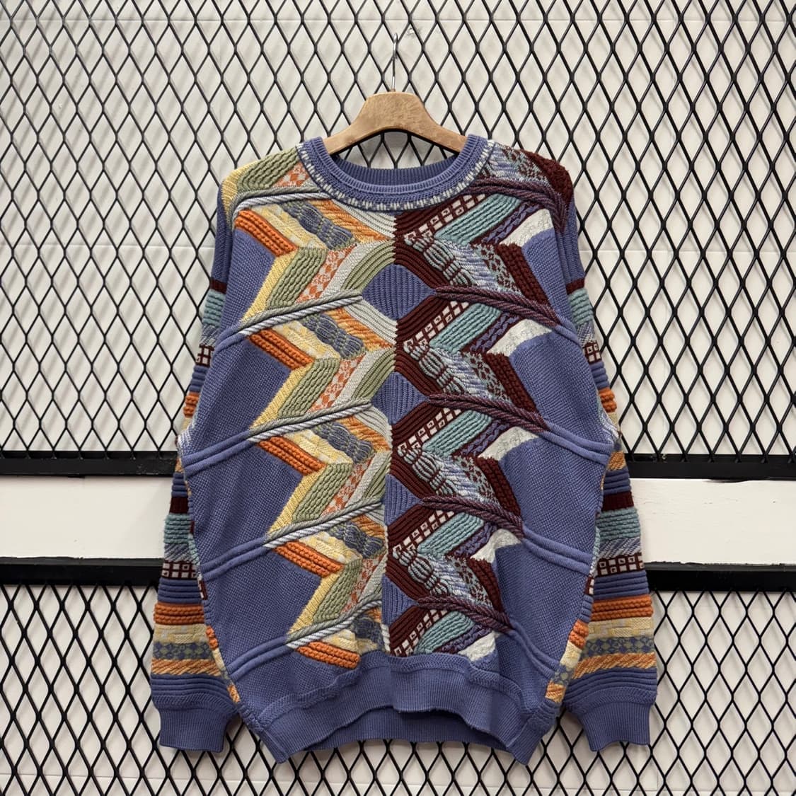 JPN VTG 멀티 패턴 울 니트 스웨터 케이블 디테일 퍼플 상품이미지1