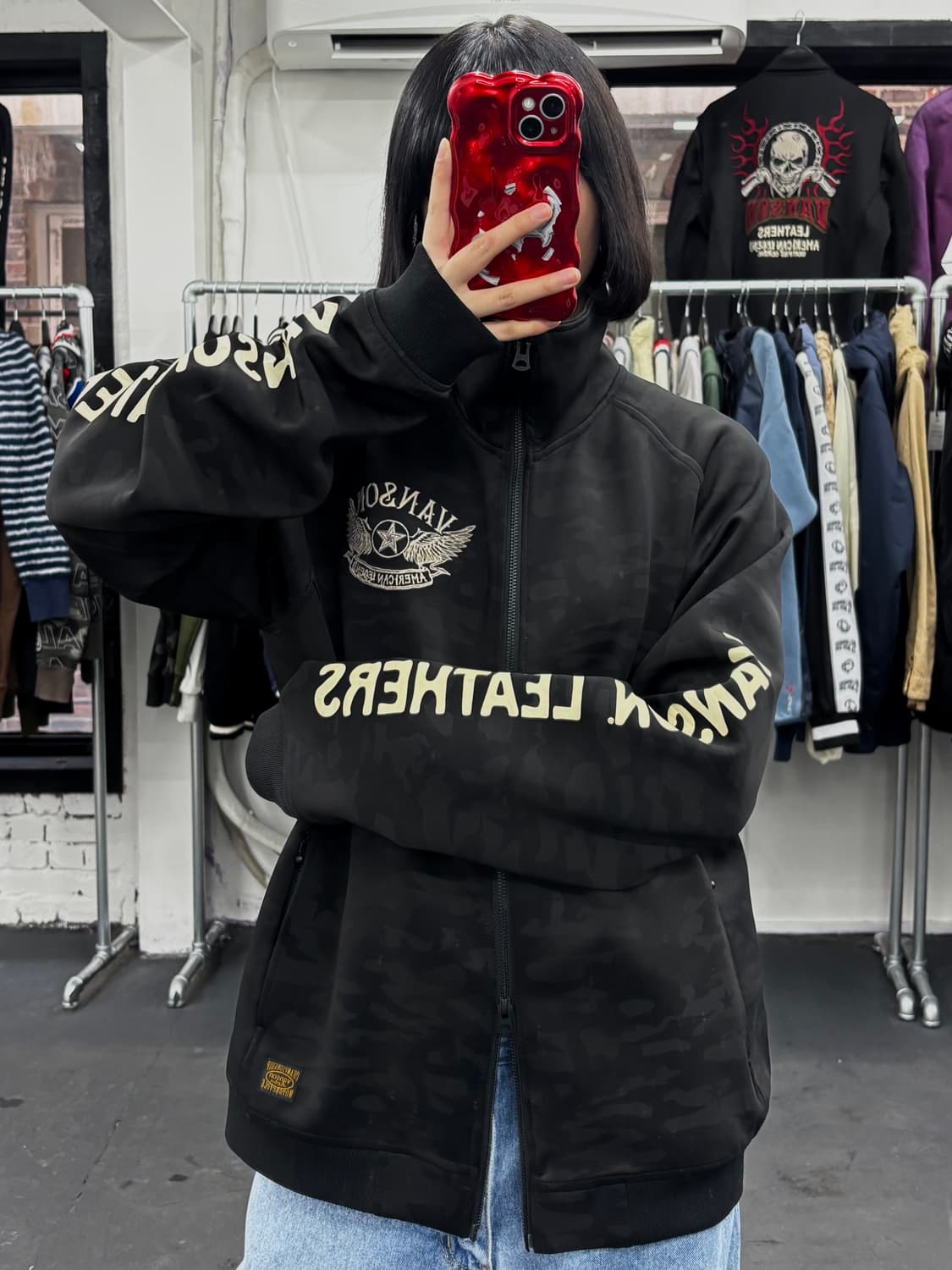 밴슨 레더 카모 집업 자켓 상품이미지2