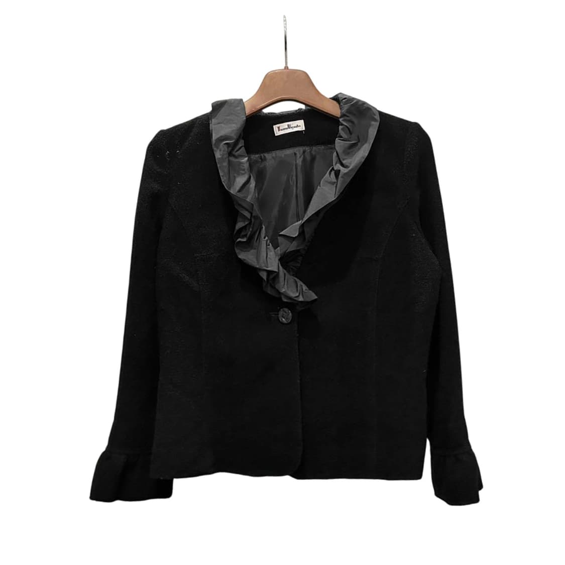 JPN VINTAGE 부클 자켓 러플 프릴 브이넥 원버튼 디테일 블랙 상품이미지1