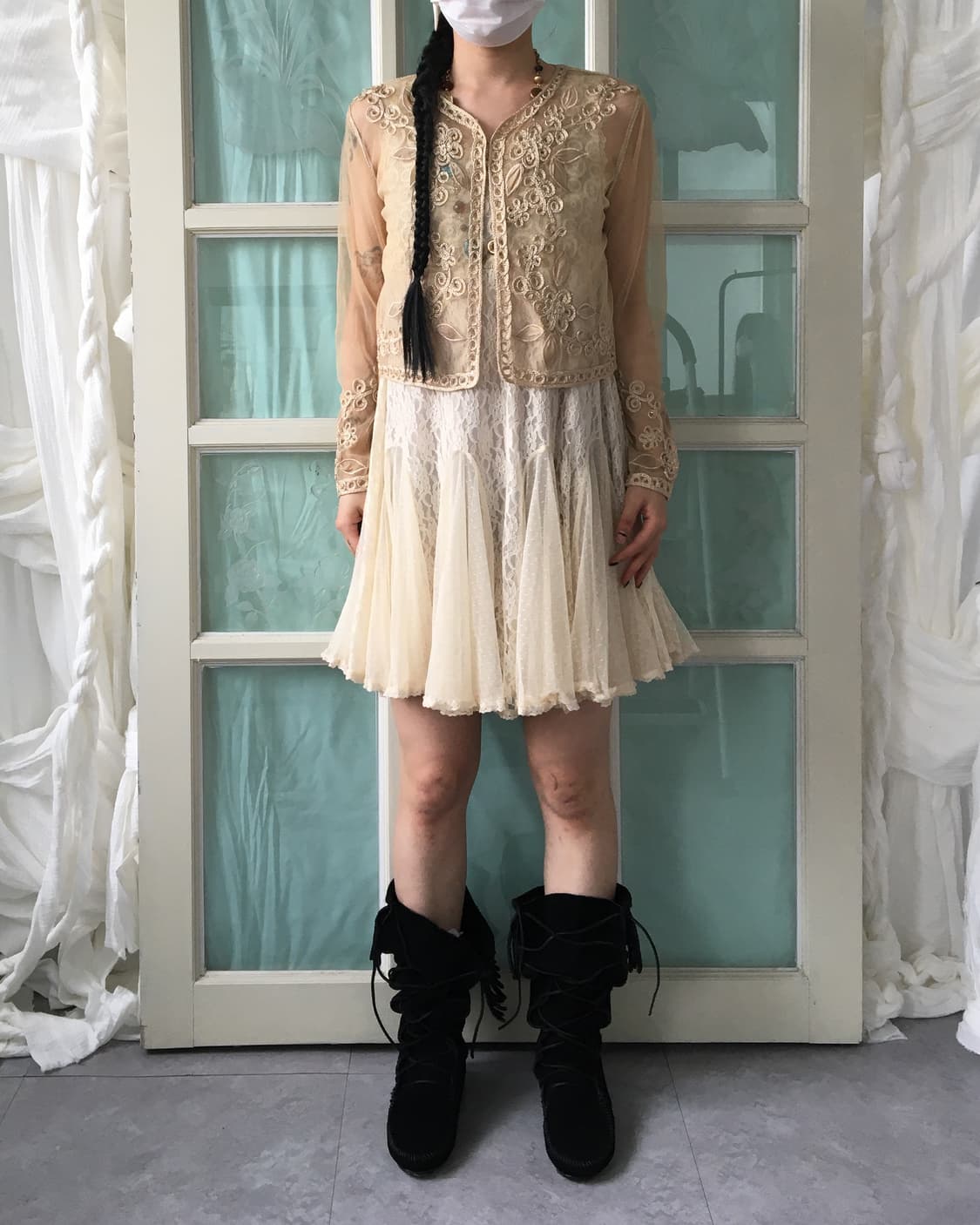 Flower embroidery point mesh cardigan 상품이미지5