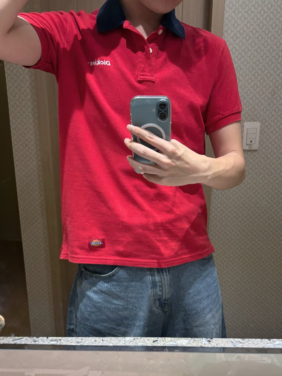 [M] 디키즈(Dickies) 로고 자수 배색 카라티 레드 상품이미지2
