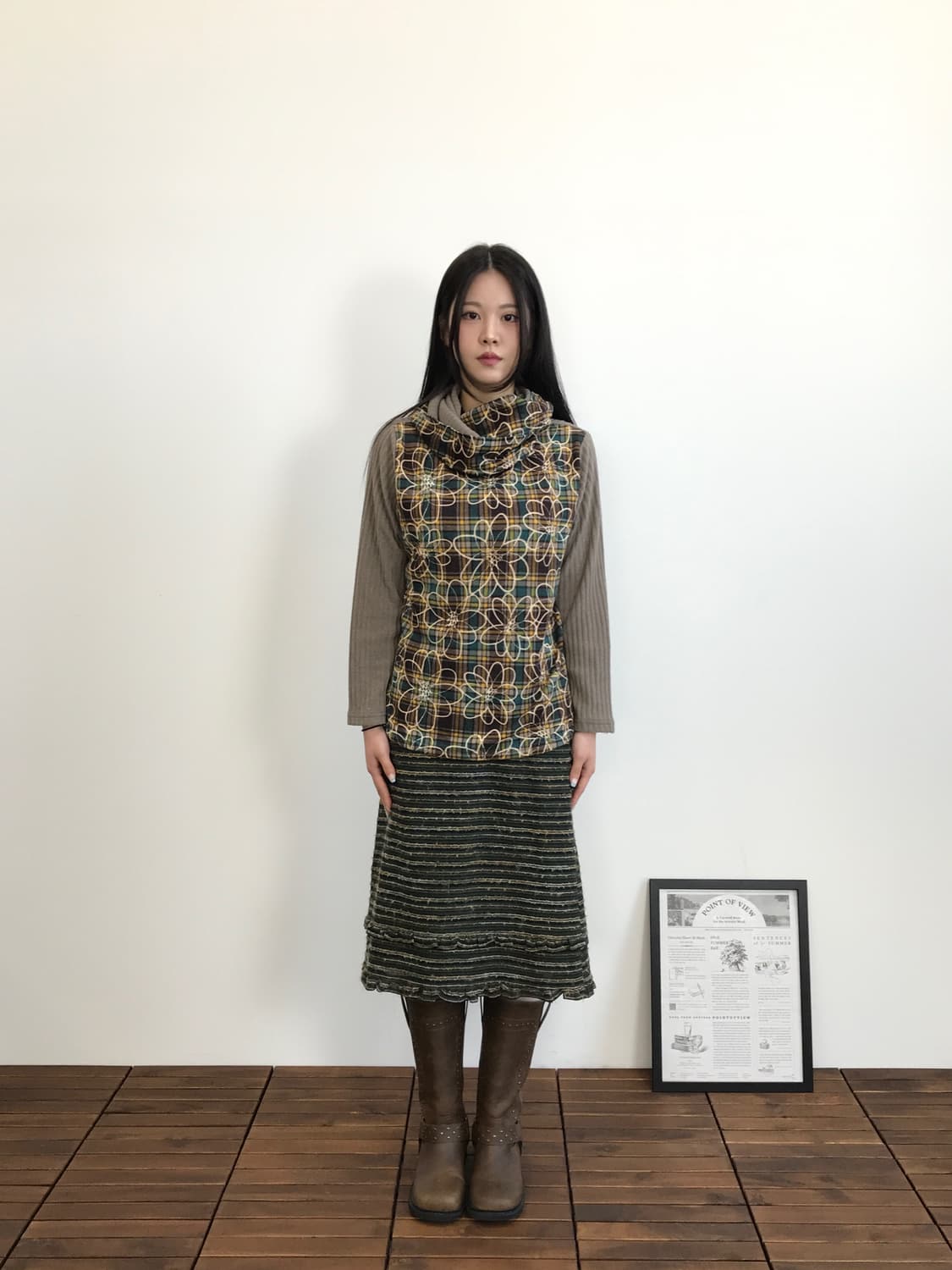 Jpn 'RUPUAU' Floral Plaid Cowl Neck Top 상품이미지1