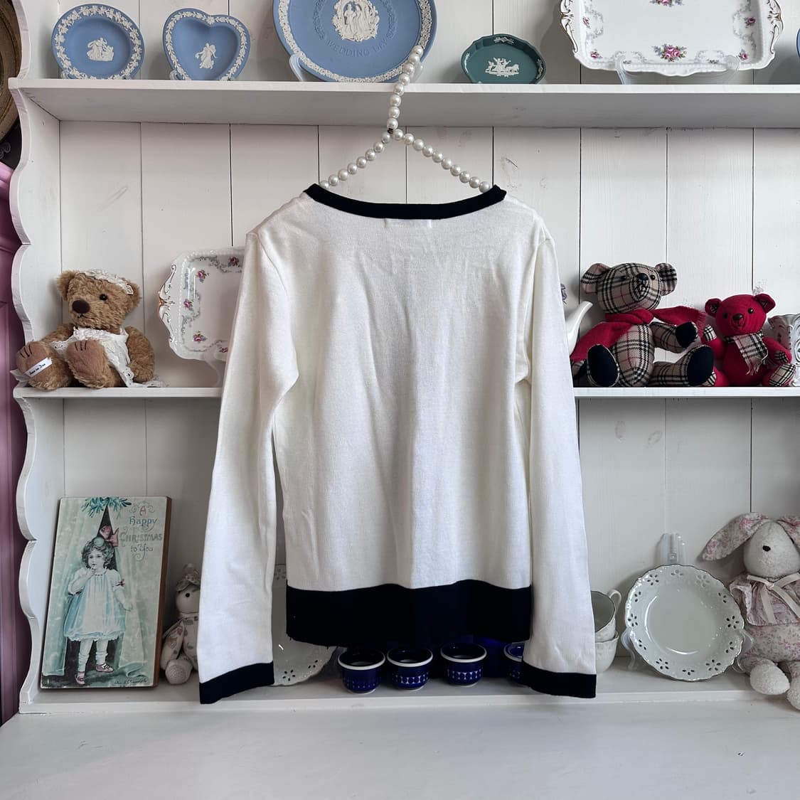 Dear Princess 배색 가디건 화이트 블랙 상품이미지5