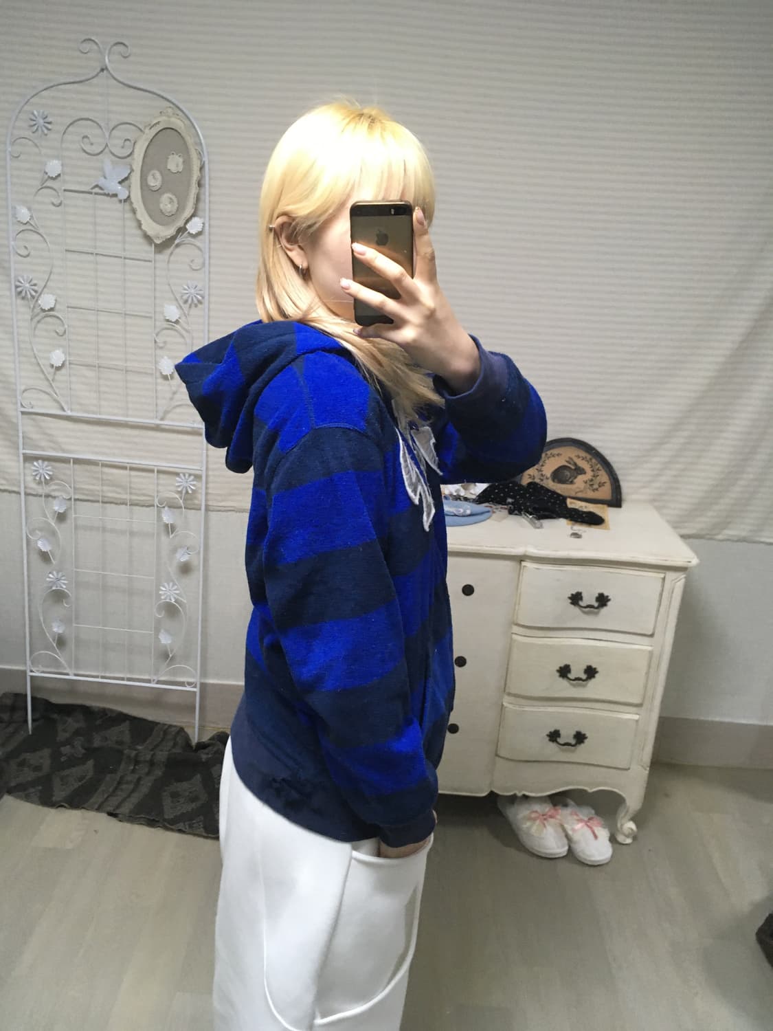 jpn vintage Gap 블루 스트라이프 후리스 후드 집업 상품이미지4