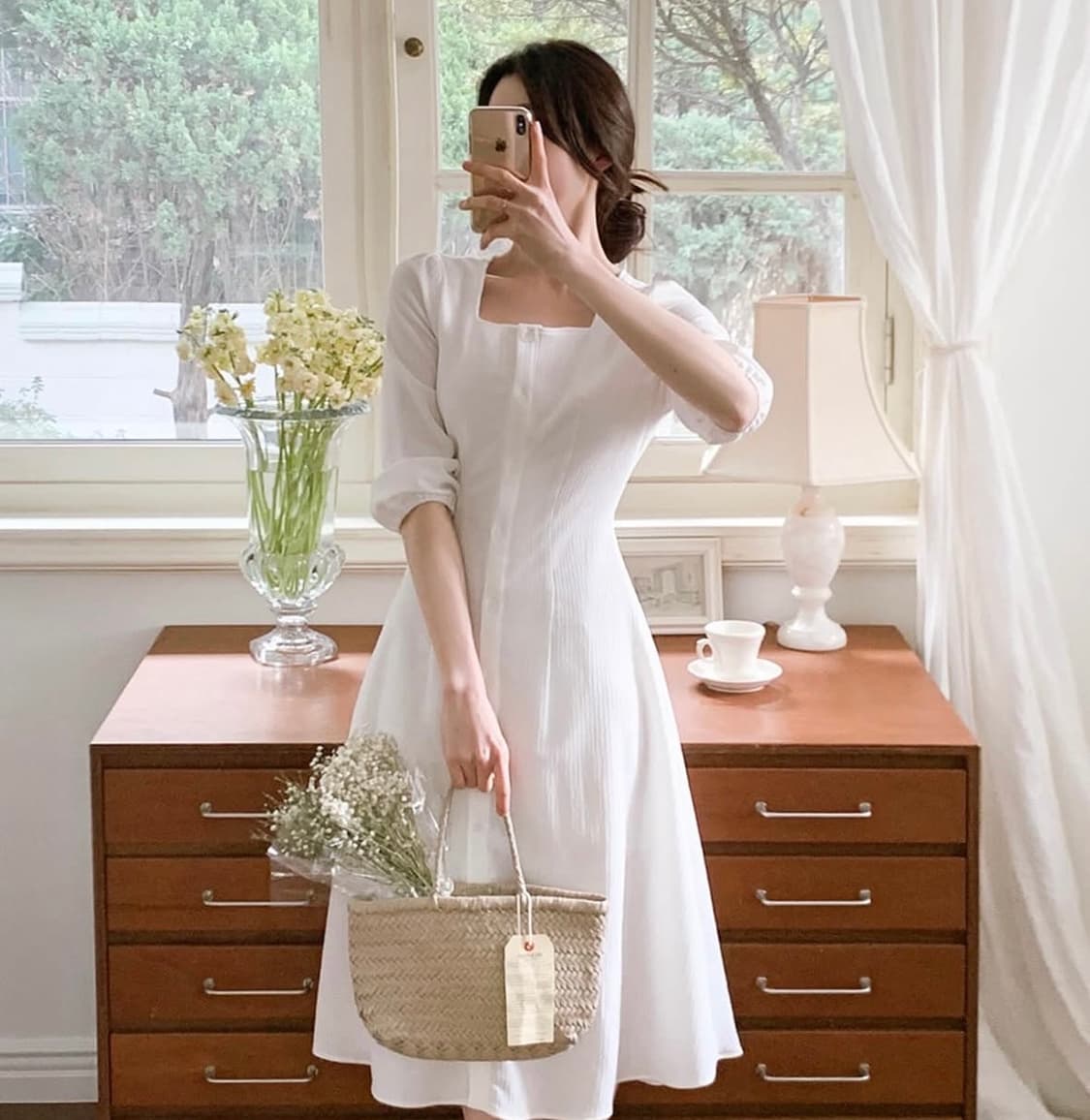 새상품 라비앙 스퀘어넥 버튼 롱원피스 아이보리 상품이미지1