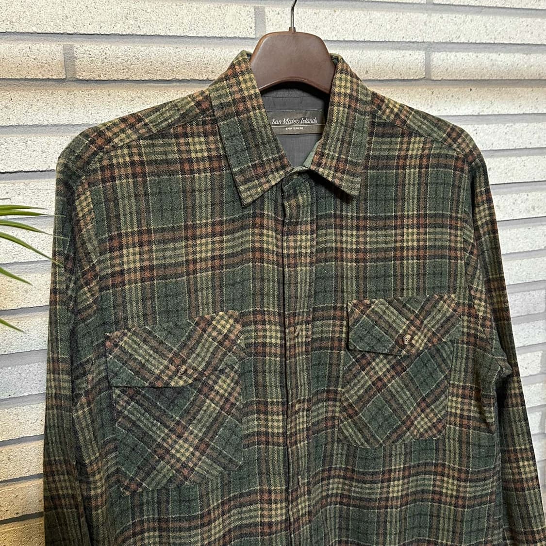 USA VINTAGE 긴팔 셔츠 체크 패턴 투포켓 디테일 카키 상품이미지4