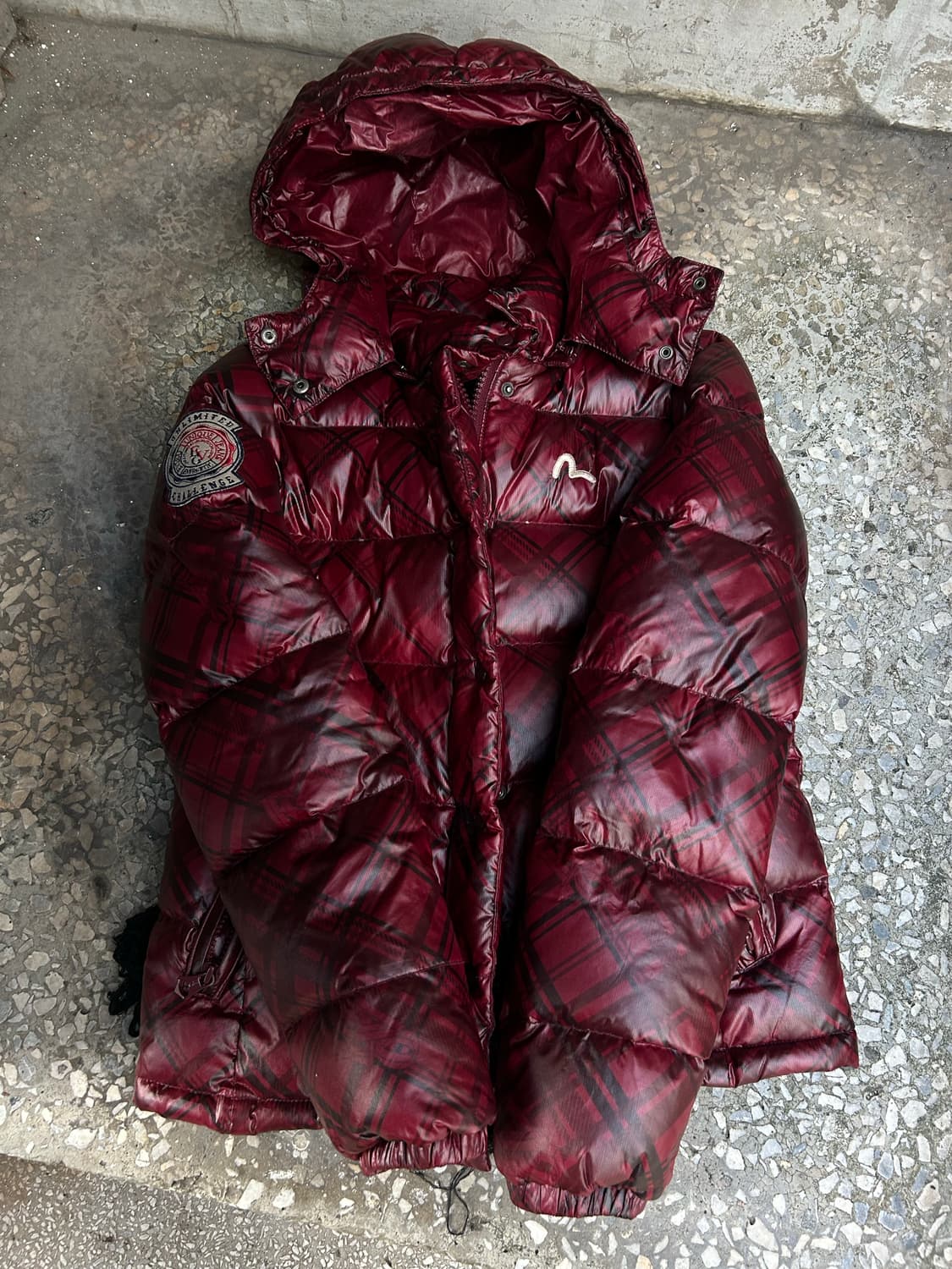 2000s evisu 락시크 체크 버건디 숏 패딩 상품이미지4
