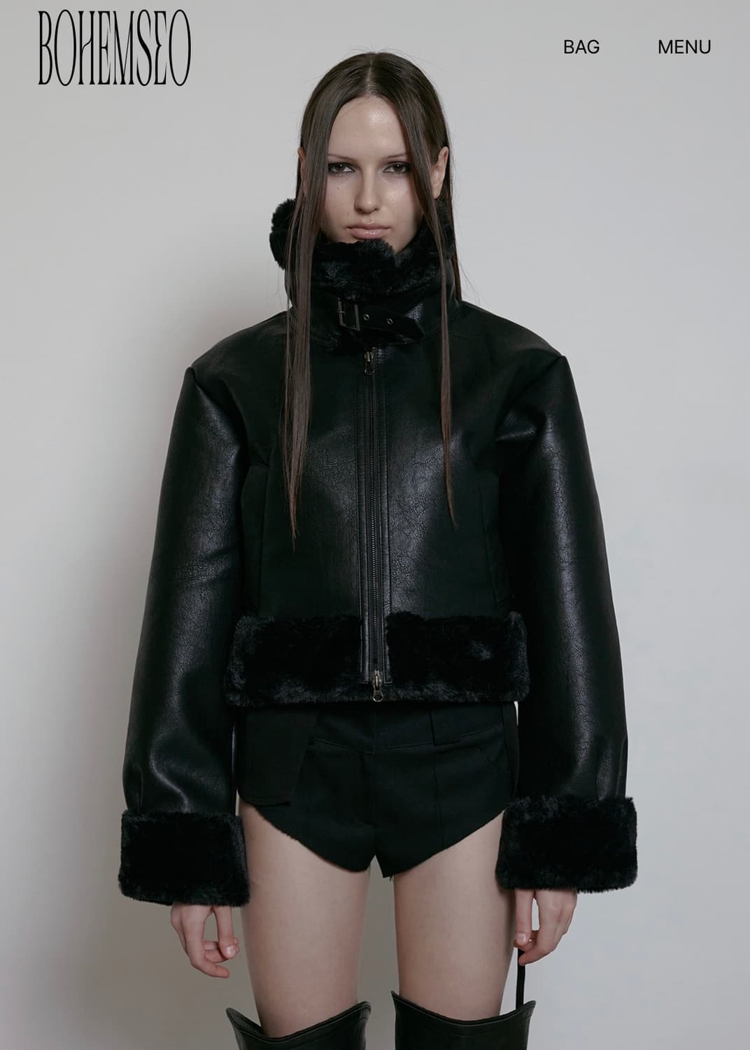 보헤미안서울 보헴서 하이넥 숏 무스탕 블랙 상품이미지2