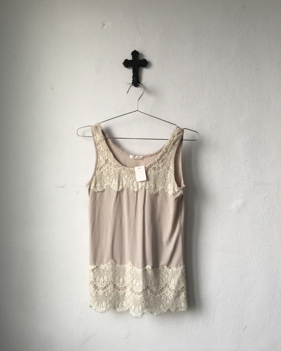 axes femme beige Lace trimming sleeveles 상품이미지2
