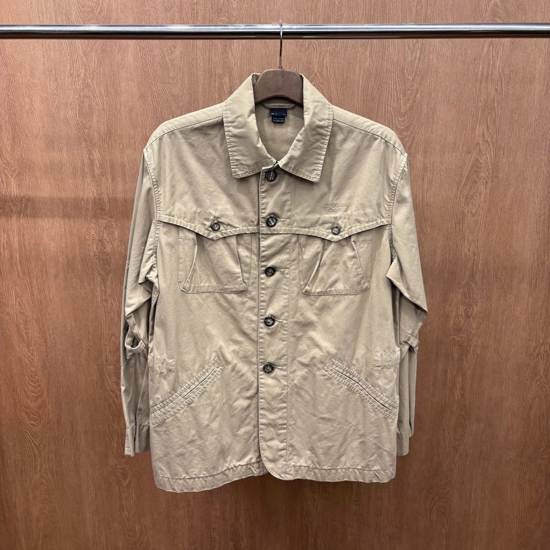 디젤 코튼 사파리 셔츠 자켓 로고 자수 플랩 포켓 웨스턴 요크 베이지 상품이미지2
