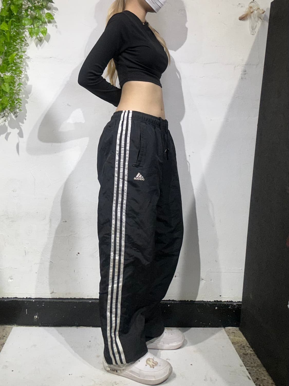 00s 아디다스 블랙 화이트 삼선 스몰 로고 와이드 트랙 팬츠 95 상품이미지1