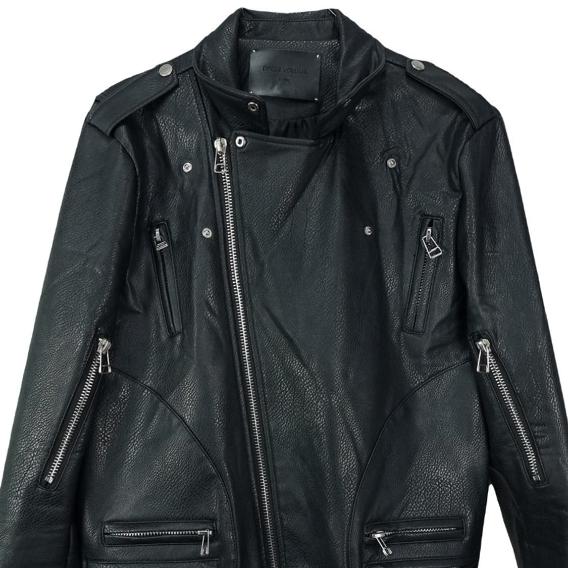 [드레스볼륨] 비건 레더 사선 라이더 자켓 블랙 M19127 상품이미지4