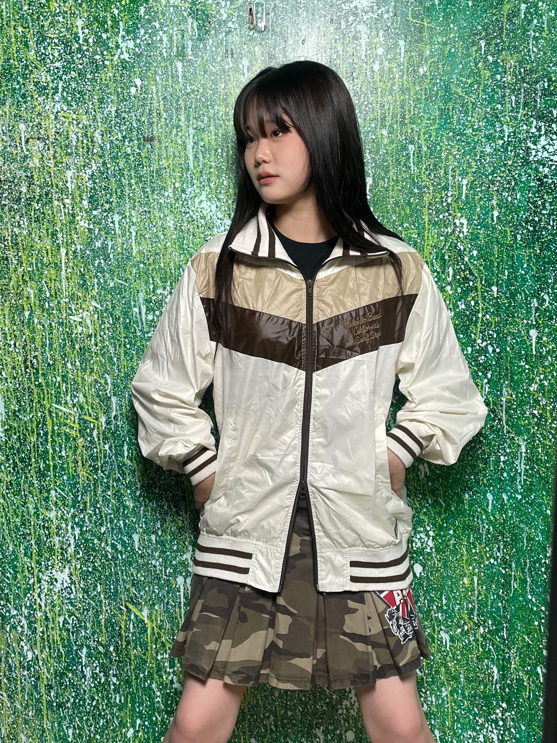 일본빈티지 아이보리 브라운 와투케 배색 바람막이 M 상품이미지1