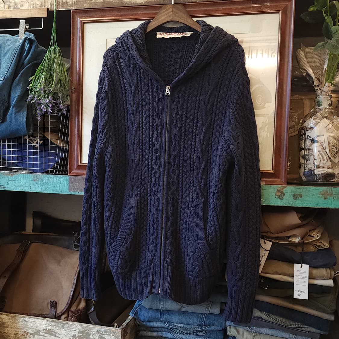 90s 폴로 진스 컴퍼니 후드 집업 자켓 린넨 코튼 케이블 네이비 L 상품이미지1