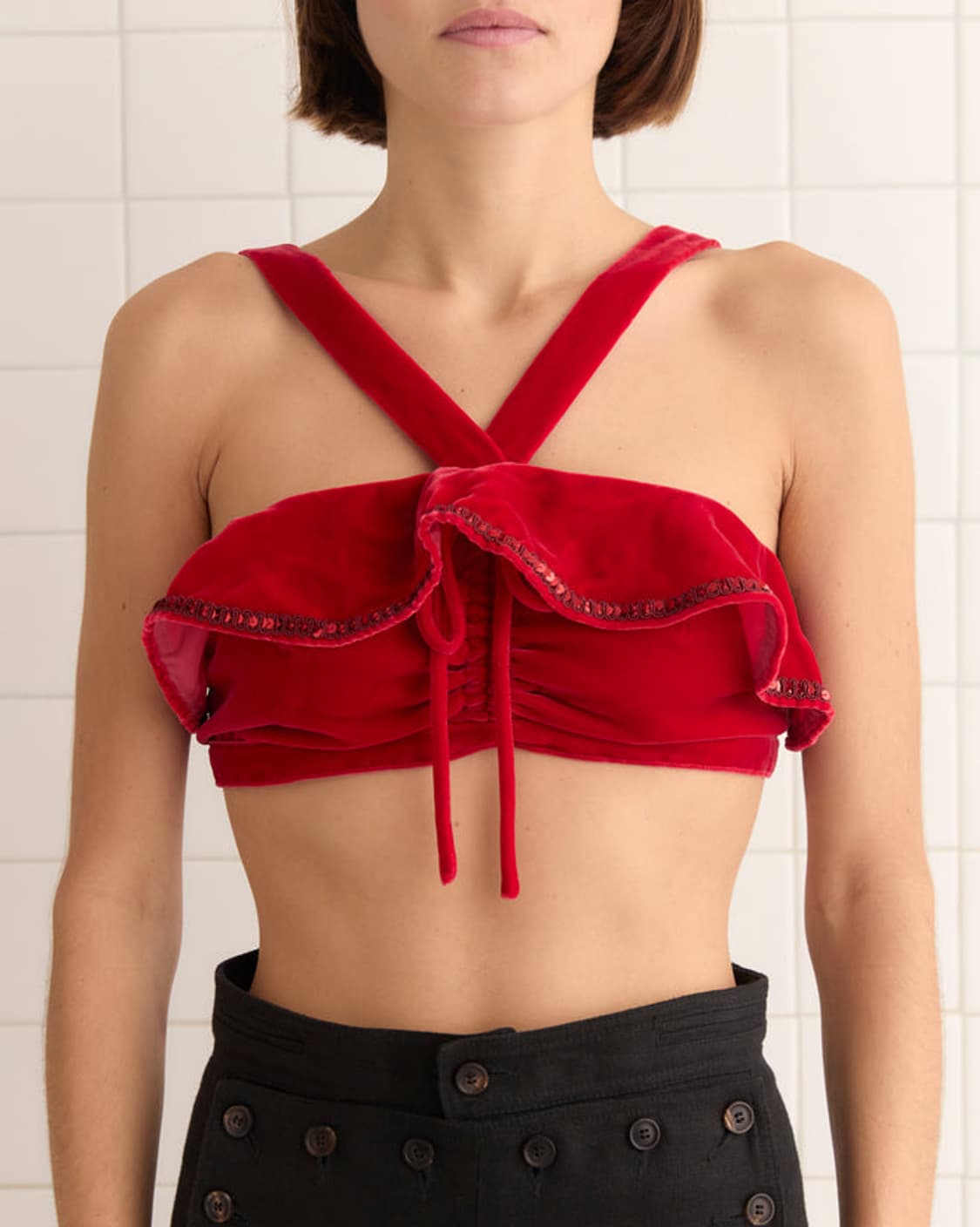 BODE 보디 벨벳 러플 브라 탑 M 칠리 상품이미지1