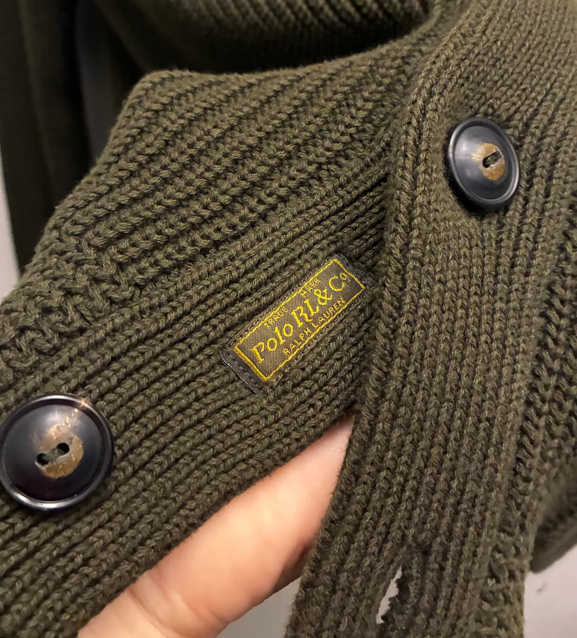 (S/100)POLO 폴로랄프로렌 코튼 숄카라 가디건 카키그린 상품이미지7