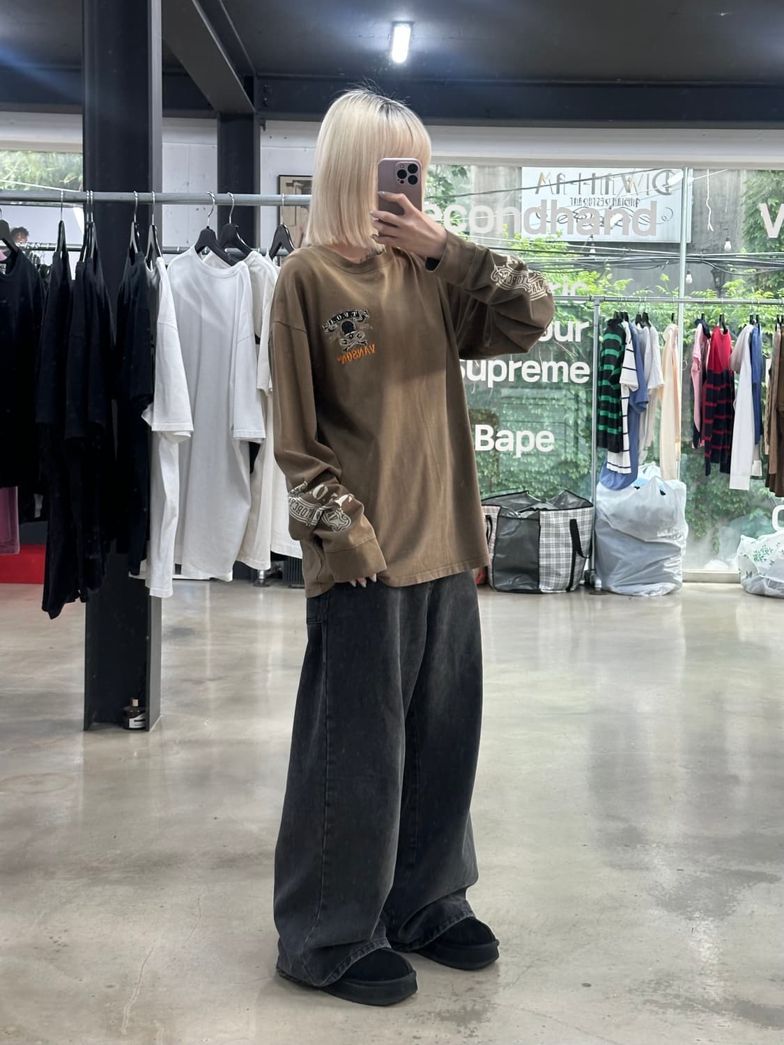 벤슨 카키브러운 백스컬본 자수 긴팔 롱슬리브 티셔츠 상품이미지4