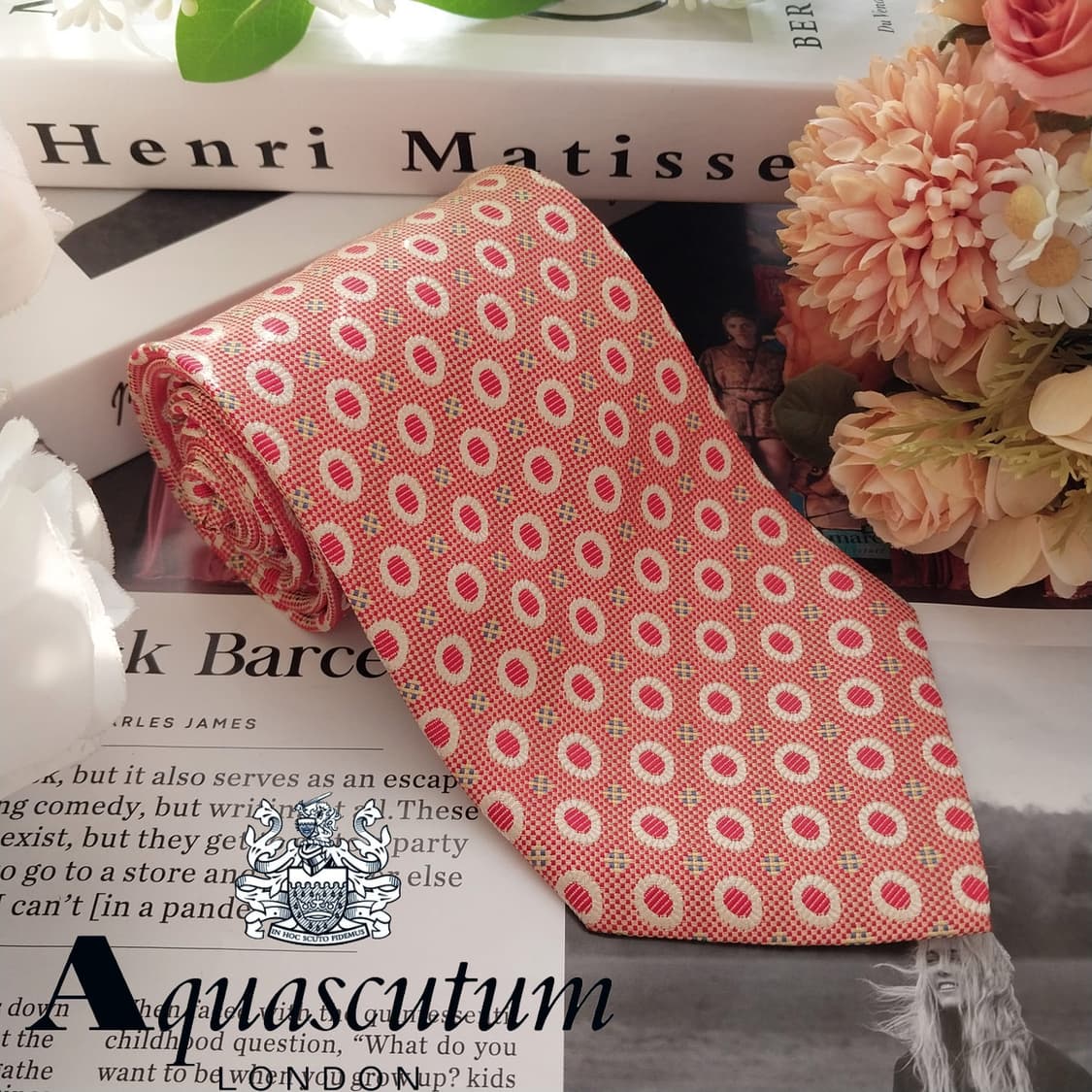 아쿠아스큐텀 실크 오렌지 패턴 넥타이 9.8cm A+등급 k1745 상품이미지1