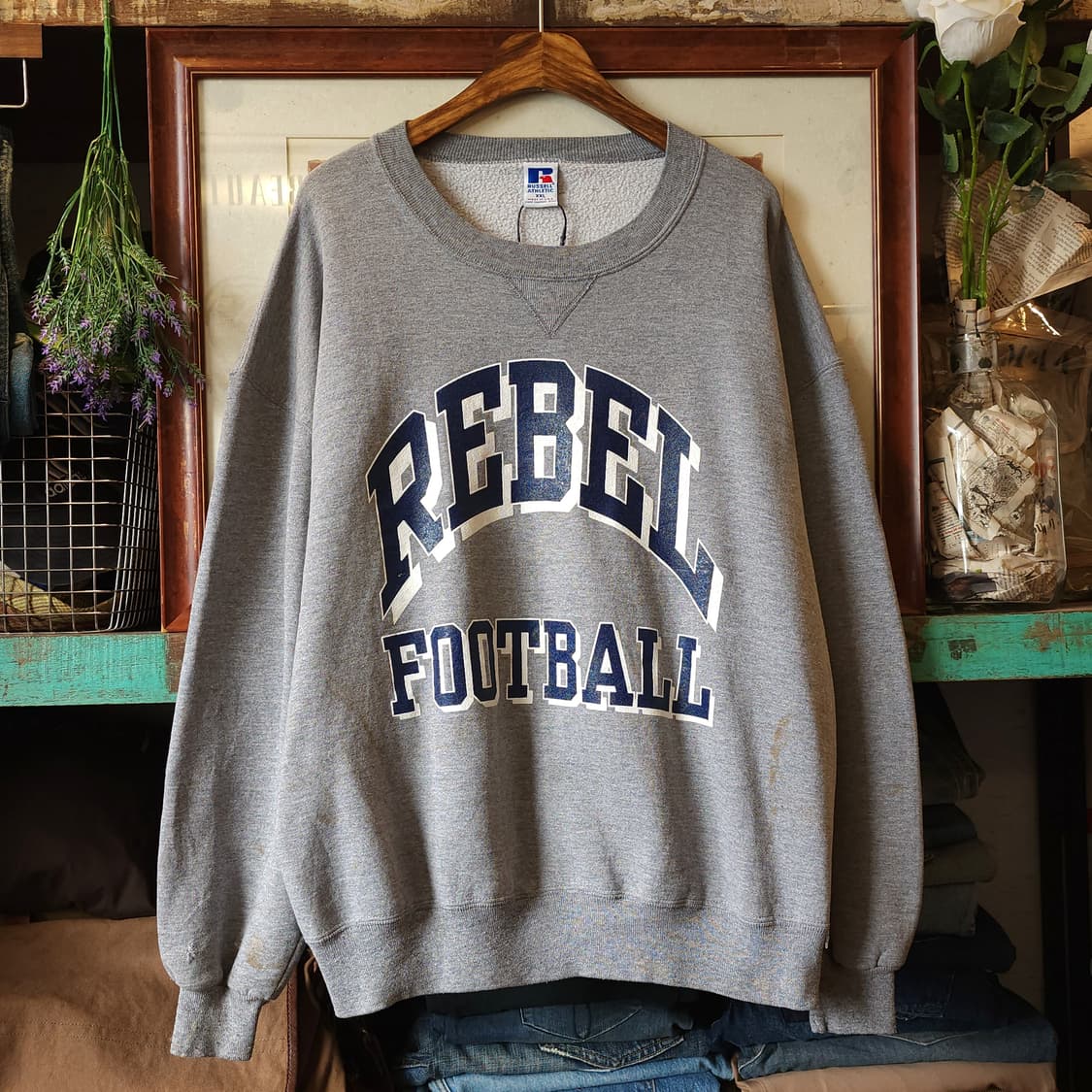 90s 러셀 맨투맨 스웻셔츠 레벨 풋볼 빈티지 레터링 그레이 상품이미지1