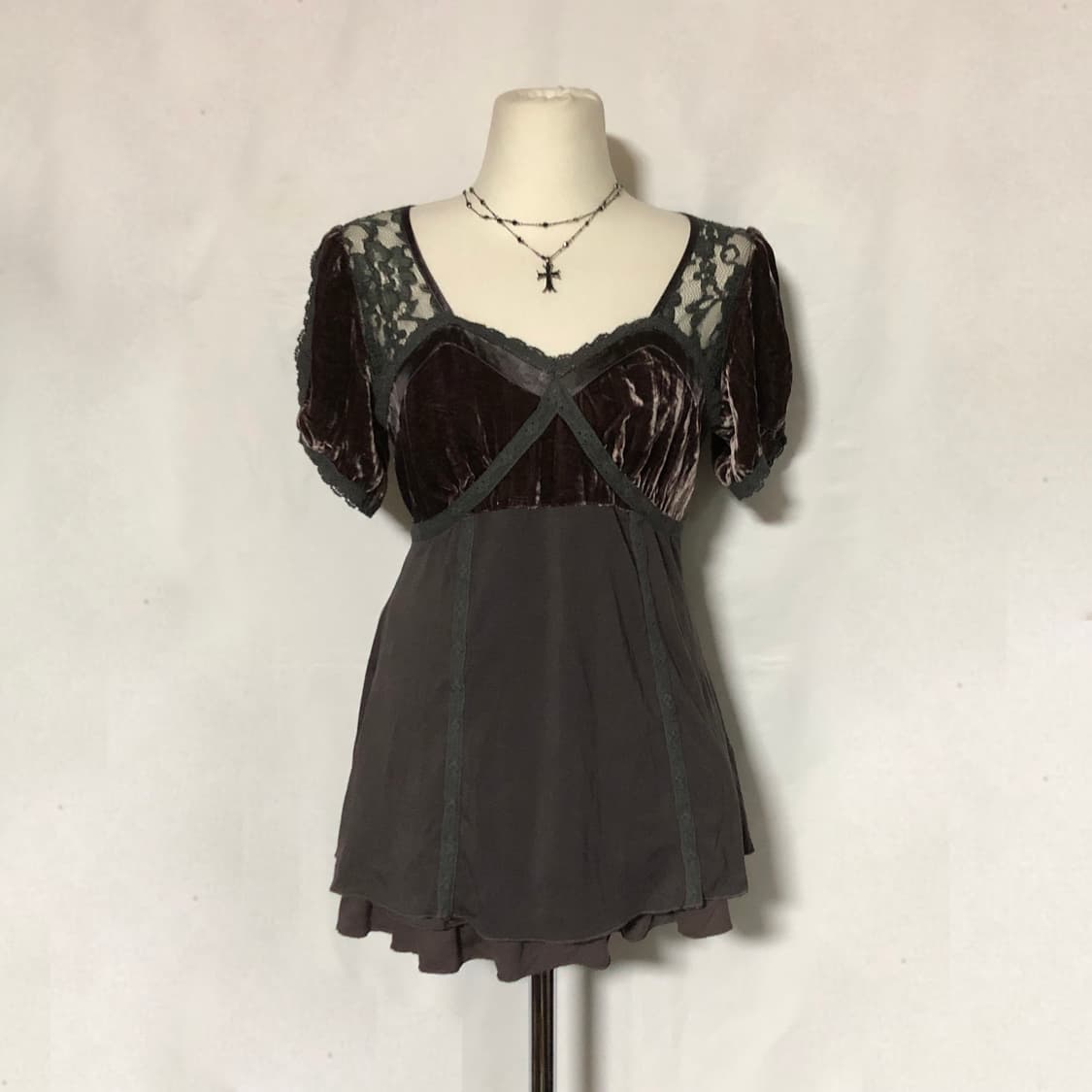 허리 리본 레이스 탑 브라운 상품이미지4