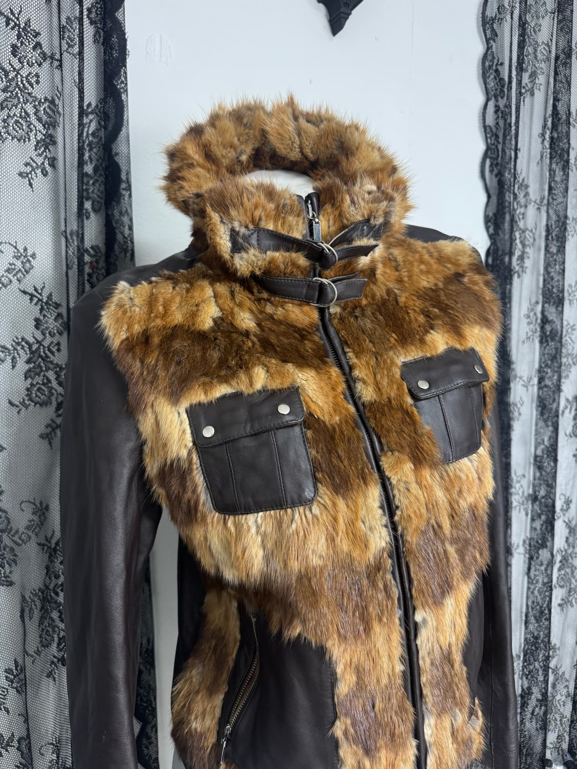 Muskrat Fur Trim Leather Jacket 상품이미지2