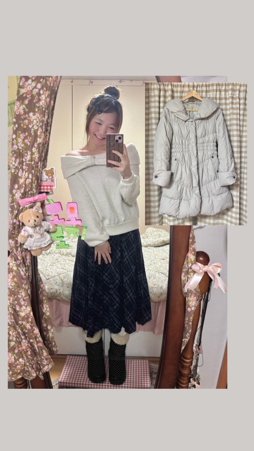 오프숄더 리본 니트 + 체크 스커트 러블리 패딩 세트 상품이미지1