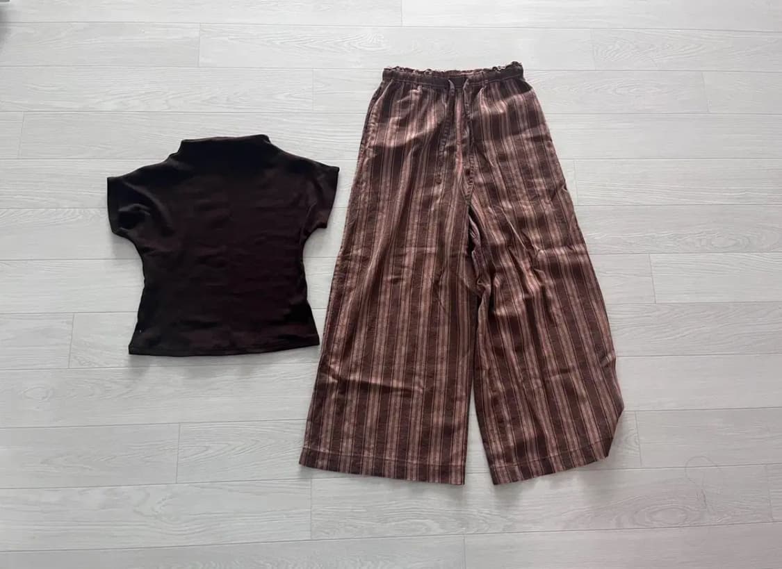 모리걸 브라운 코디 반목 티셔츠+스트라이프 팬츠 히피 보헤미안 상품이미지2