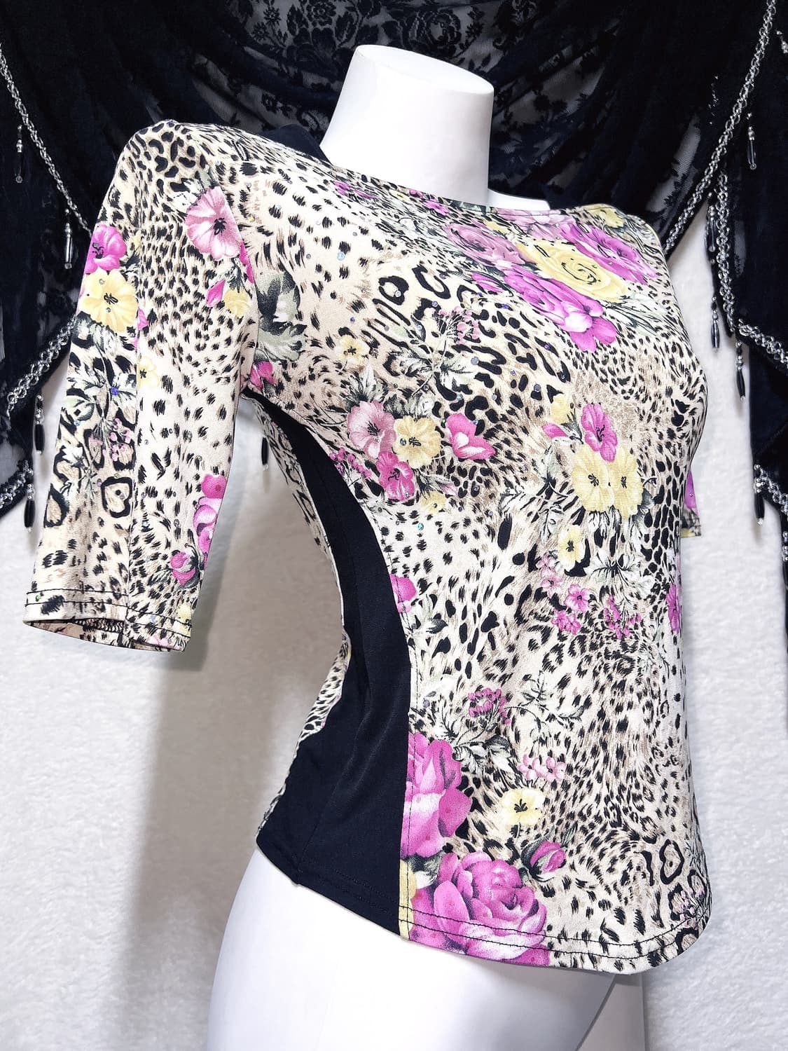 레오파드 호피 플라워 패턴 반팔탑 오네갸루 히메 오리엔탈 펑크 핀터 상품이미지1