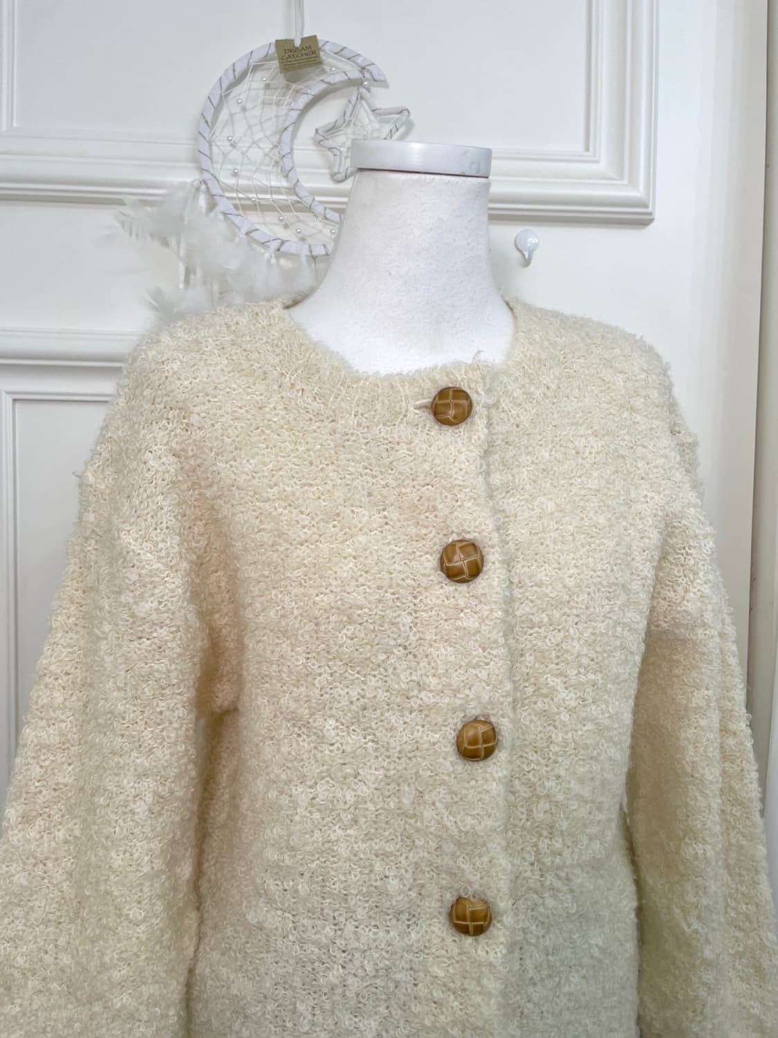 butter cream brown button boucle wool ca 상품이미지6