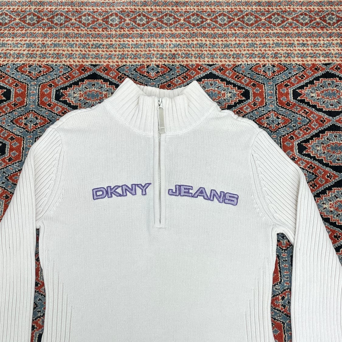 DKNY 크림 아이보리 코튼 반집업 슬림핏 니트 여성L 상품이미지2