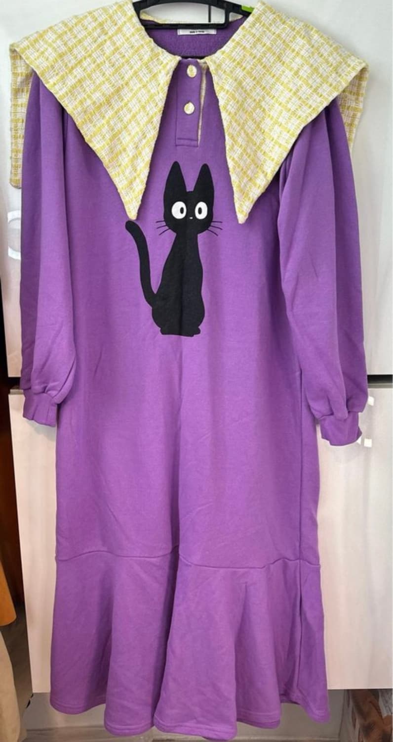 고양이 프린팅 퍼플 롱 원피스 상품이미지2