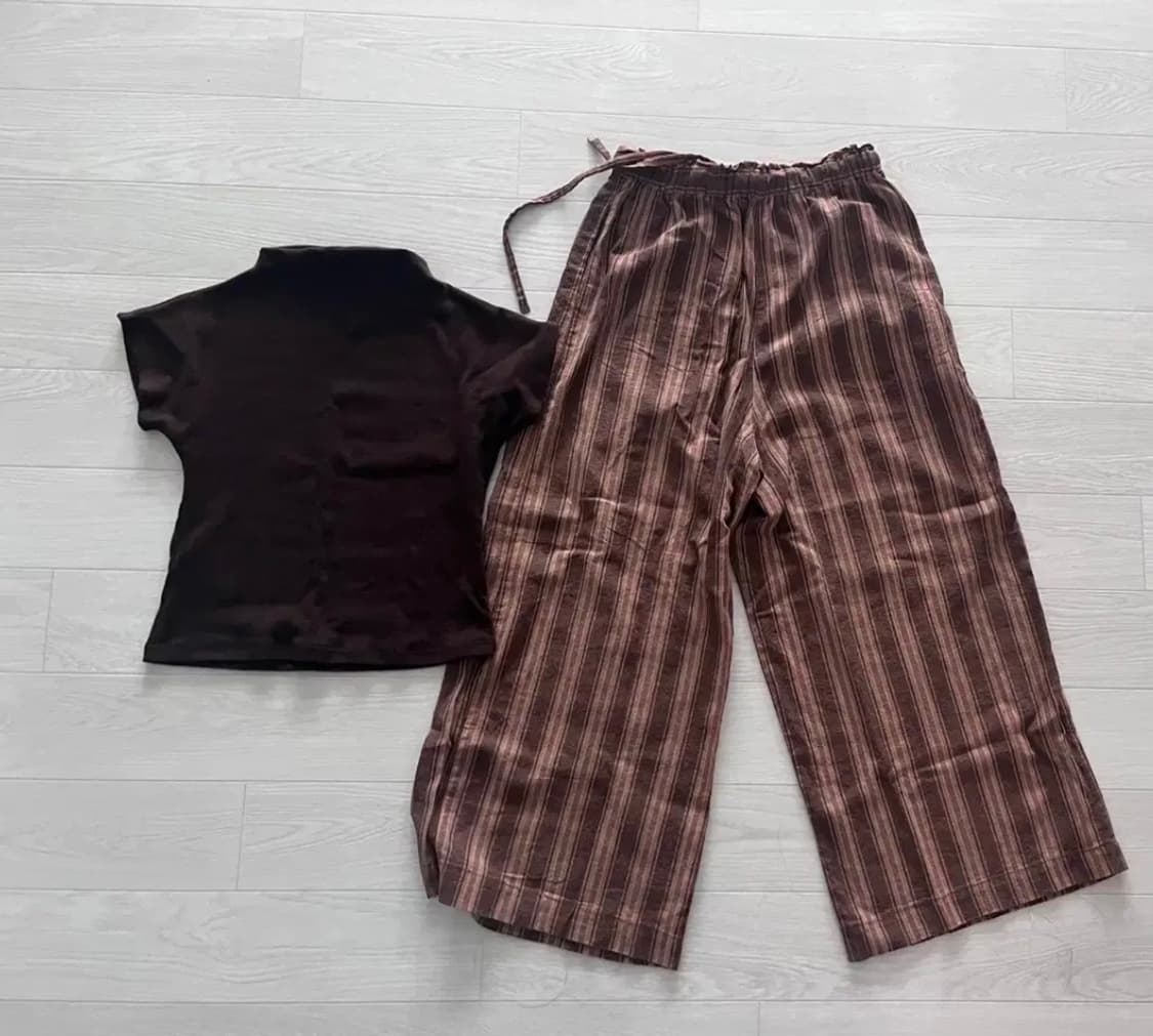 모리걸 브라운 코디 반목 티셔츠+스트라이프 팬츠 히피 보헤미안 상품이미지1