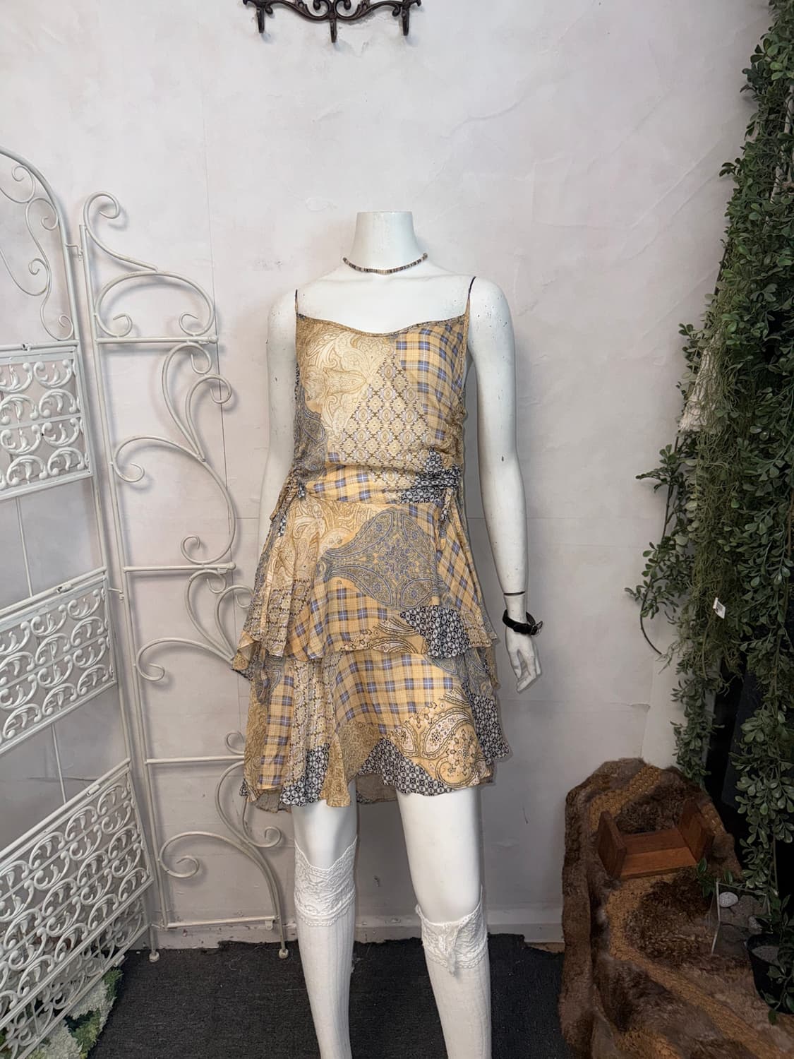 Yellow ethnic check paisley shirring ops 상품이미지1