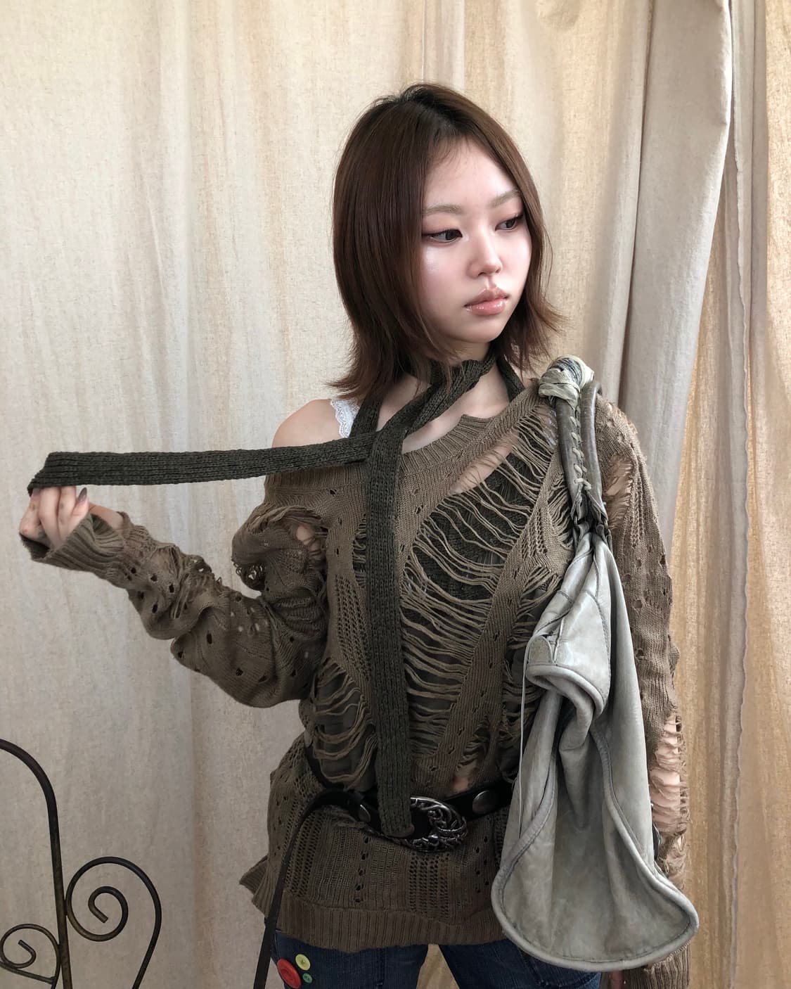 SLY 카키 그런지 디스트로이드 니트 상품이미지2