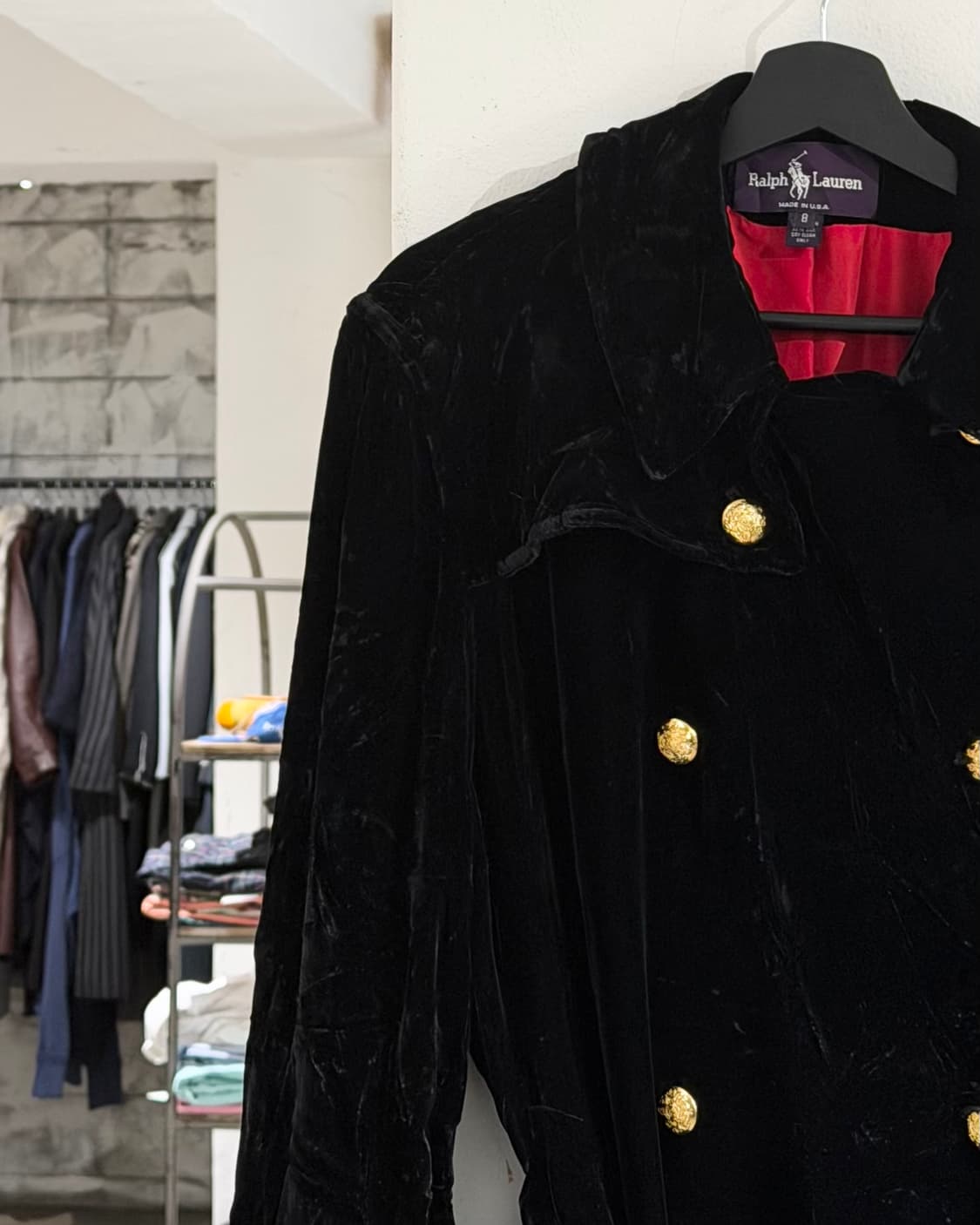 랄프로렌 퍼플라벨 블랙 벨벳 금장 버튼 벨티드 롱코트 상품이미지2