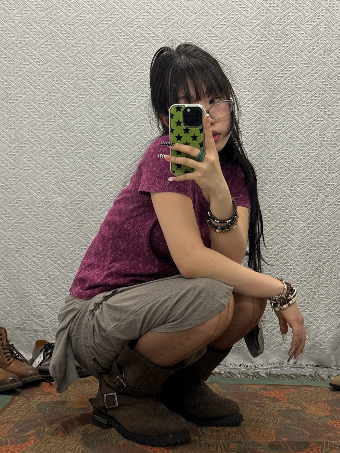 빈티지 레트로 페미닌 잔꽃 딥 퍼플핑크 스프링 스판 반팔티 K0047 상품이미지2