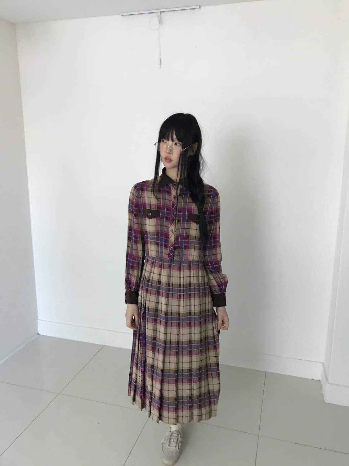 Check collar gold button shirts dress 상품이미지7