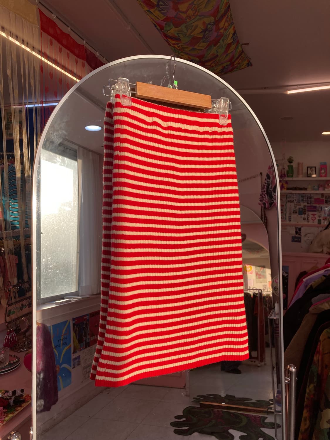 레드 스트라이프 니트 미디 스커트 상품이미지1