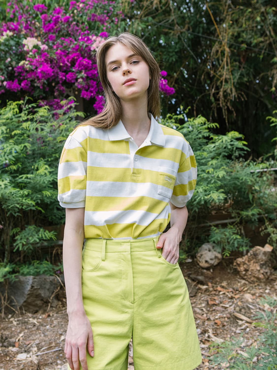 앤유 HANAUMA Collar stripe T-shirt 라임 새상품 상품이미지1