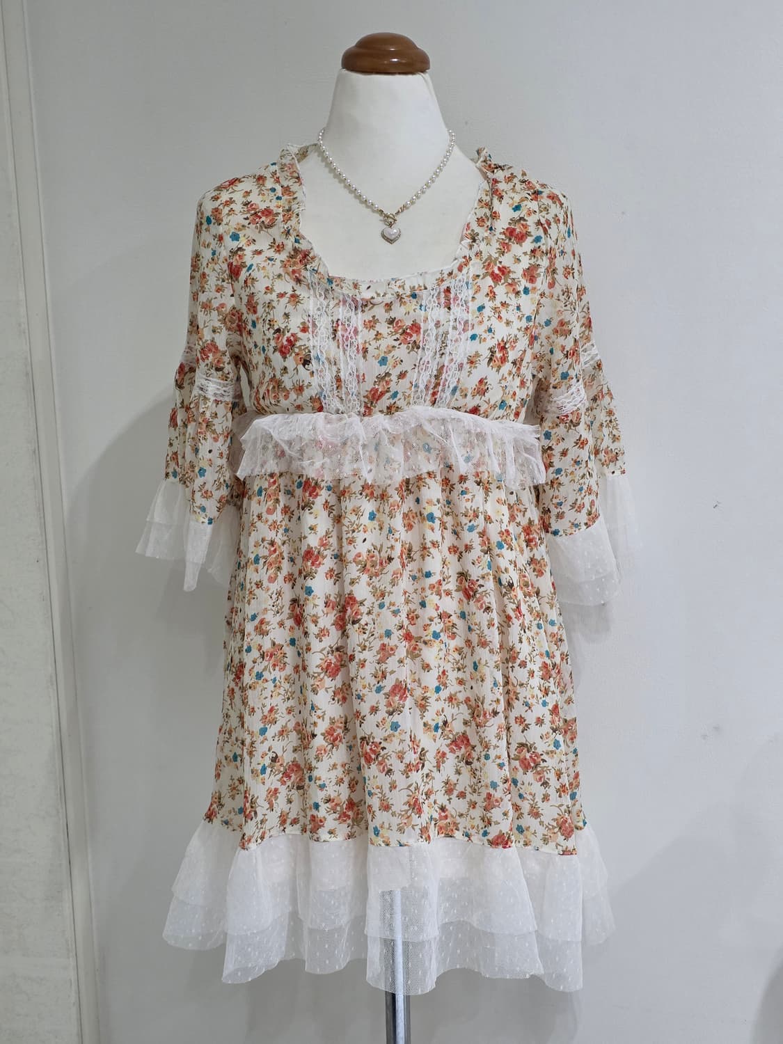 일본빈티지)플로럴로맨틱 스즈코모리걸 히메갸루 레이스 프릴 레이어드 원피스 상품이미지2