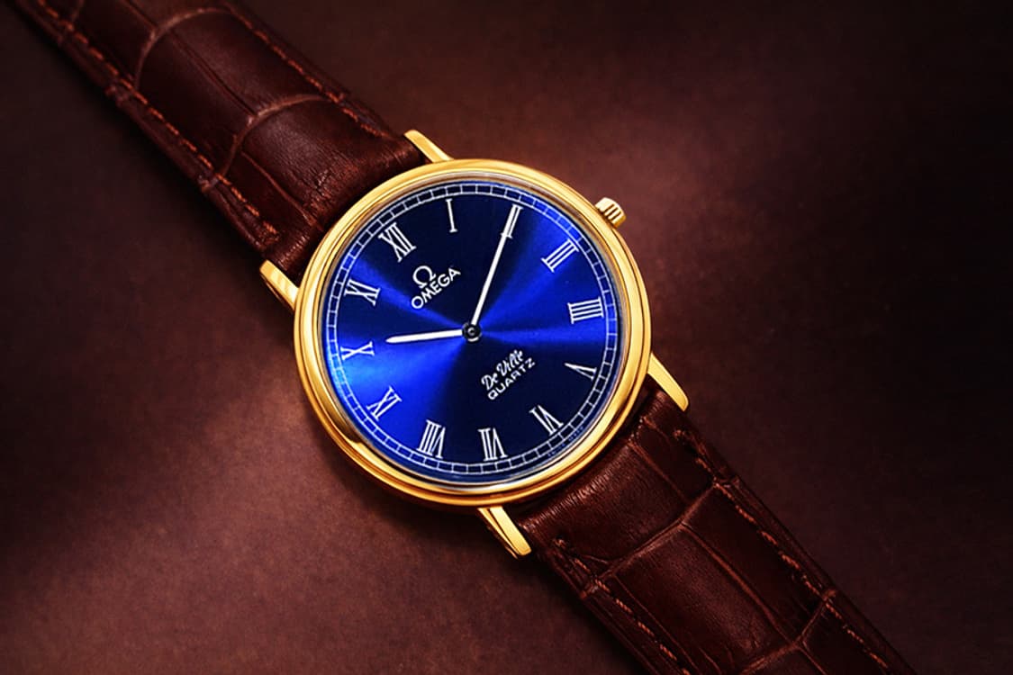 오메가 블루 로만 다이얼 18K 금 도금 남녀공용 쿼츠 시계 상품이미지2