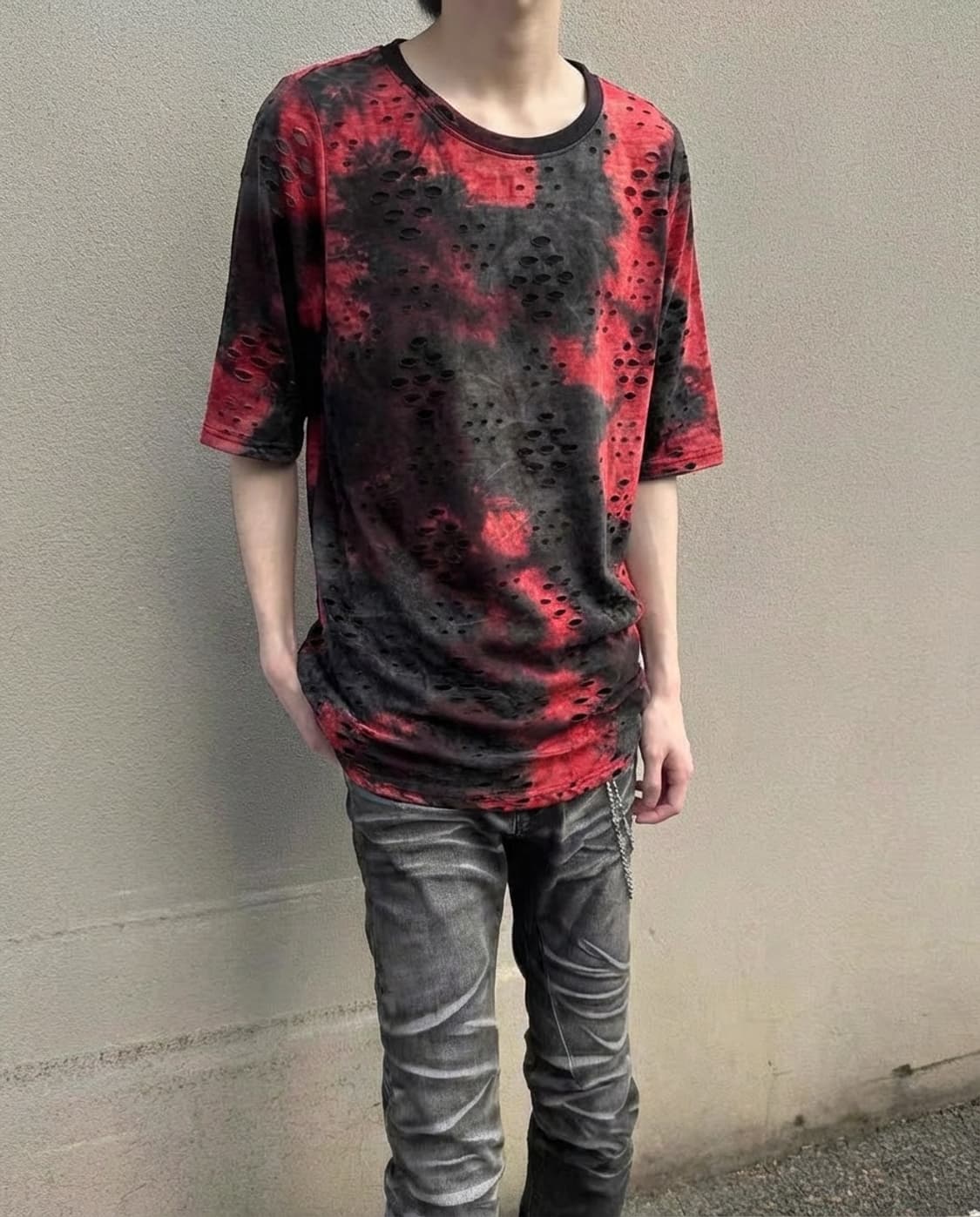 일본 빈티지 그런지 홀 디테일 밑단 사선 절게  반팔티 상품이미지1