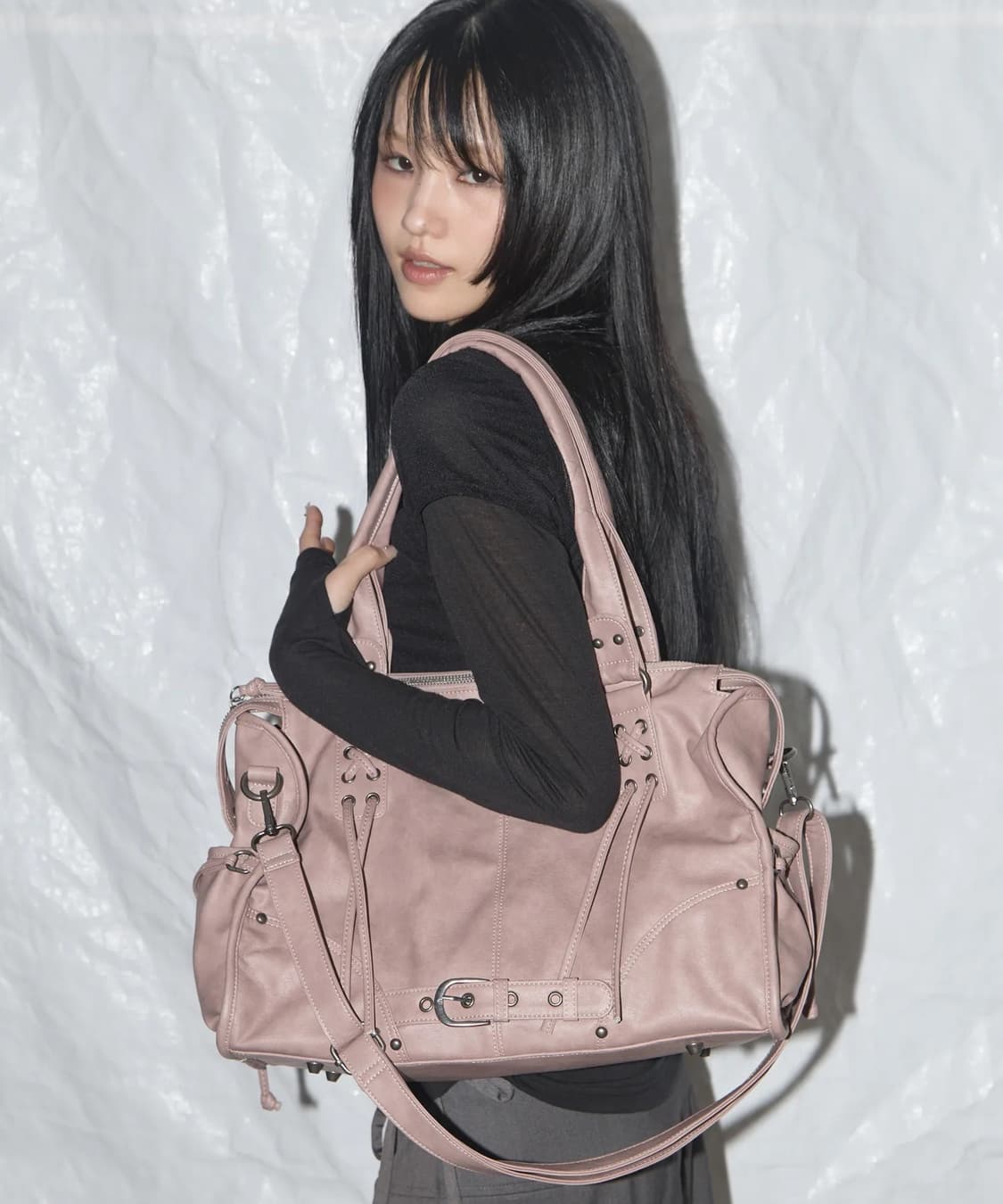 팬시클럽 벨티드 워싱 레더백 베이비 핑크 상품이미지1